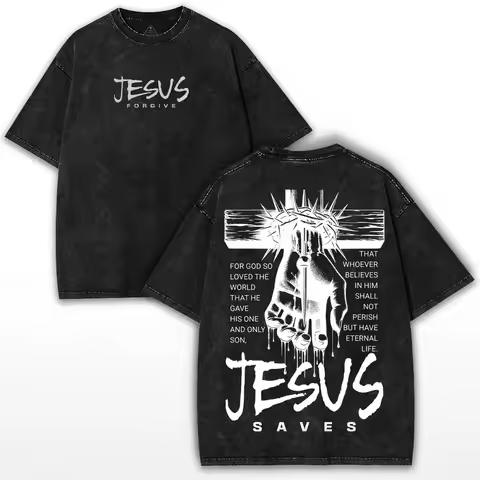 Jesus Saves T-Shirt Christian John 3:16 Vintage Washed Cotton Retro Bible Verse Graphic Tee Streetwe