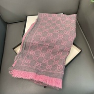 Gucci/古馳 灰粉拼色滿logo雙面羊毛圍巾披肩 灰粉色