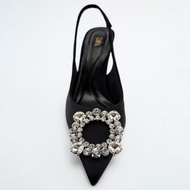 Zara New Style Women's Shoes Black Rhinestone Decoration Elegant Versatile Open Heel High Pointed Toe Sandals