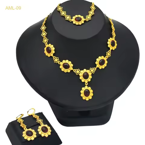 Ruby Necklace Earrings Bracelet Set Women's 24K Gold AU999 - Bright ruby, matching set, women's 24K 