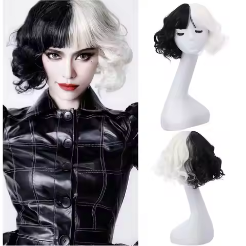 CRUELLA de Vil Half Black White Wig with Bangs Black and White Hair Wigs Halloween Cosplay Costume P