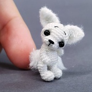 Extreme micro white fox. Dollhouse miniature. Amigurumi stuffed fennec fox toy.