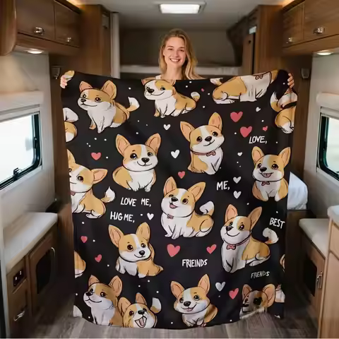 Corgi Dog Fleece Blanket Cute Cartoon Pattern Love Me Hug Me Design Soft Cozy Throw Pet Lover Gift H