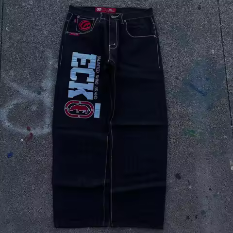 Y2K ECKO Jeans Mens American Vintage Hip-Hop Wide-Leg Pants Harajuku Hip-Hop Gothic Rock Couple Stra