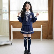 Girls JK Uniform Skirt Set Spring Fashion Stylish Fake Two-Piece Long Sleeve Sweatshirt 2PCS Outfit 