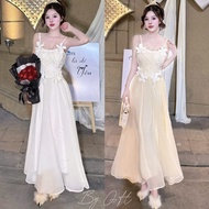 Silk maxi dress with lace and foam flowers, standard form, model wearing tk type 1 HC25.36