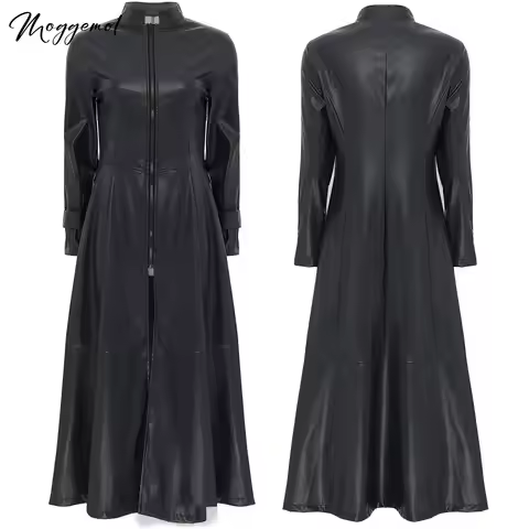 Womens Cool Matrix Costume Faux Leather Trench Coat Stand Collar Full Zipper Ankle Length Long Coat 