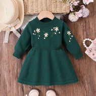 Baby Girls Embroidered Knit Long Sleeve Sweater Dress, Comfortable For Autumn/Winter, Elegant Green 