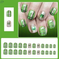 24PCS Clover Fake Nails with Shimmer Powder and Lines Printed for St Patrick's Day