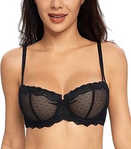 Women's Balconette Bra Floral Transparent Lace Bra Underwired Push Up Unpadded Bra, black, 32DD