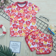 [Beautieitem] ชุดเซ็ตเด็ก ชุดสงกรานต์เด็ก งานผ้าพิมพ์ลายทั้งชุด ลายดอกไม้ ดอกชบา โทน สีแดง สีส้ม (เสื้อยืดแขนสั้น +กางเกงขาสั้น) น่ารักๆ