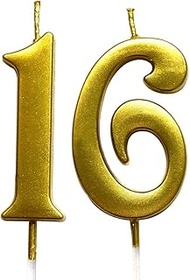 MAGJUCHE Gold 16th Birthday Numeral Candle, Number 16 Cake Topper Candles Party Decoration for Girl 