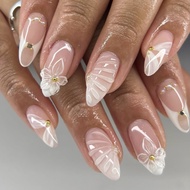3D Three-Dimensional Flower Wearing Nails Fake Nails French Short Medium Almond Nails Manicure Nails