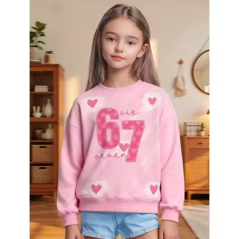 6 7 Meme Kids Girls Clothes Funny Digital Colorful Print Autumn Round Neck Sweatshirt Loose Tops Fas