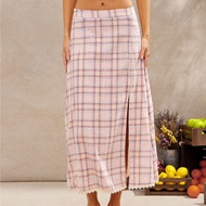 Western Summer Shine Lurex Plaid & Lace Column Skirt With Slit Spring Break Beach Vacation