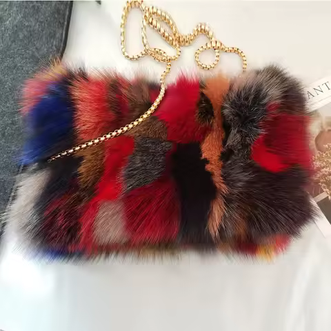 Real Fox Fur Bag Women Fur Clutches Handbag Mini Chain Bag Single Shoulder Bags Real Fur Evening Bag