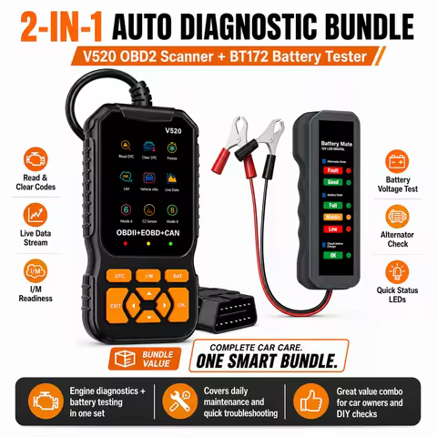 2PCS V520 OBDII Scanner + BM310 Automotive Battery Tester Kit Engine Code Reader Fault Code Clear Re