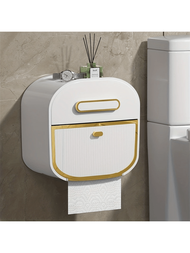 1個白色abs材質的浴室面紙盒,帶抽屜,極簡防水抽屜收納盒,無需鑽孔安裝