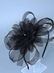 女士時尚羽毛網狀頭飾帽髮夾,雞尾酒婚禮晚會新娘帽飾,女士黑色優雅髮帶盤發帶