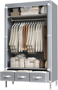 便攜壁櫥滾動門衣櫃，帶懸掛架的非織物儲物儲存組織者，帶有三個抽屜盒無飾板組件-35.4 X 17.7 X 67.0''（灰色）