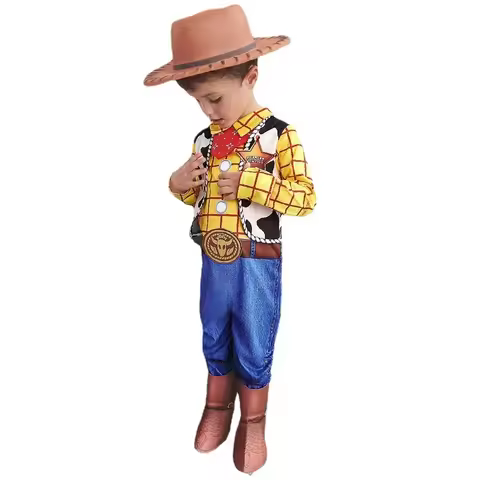 Anime Sheriff Woody Pride Children's Cosplay Costume Jumpsuit Kids Woody Jumpsuit Hat Halloween Cost
