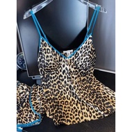 baju set perempuan pyjamas 300jin plus ukuran lemak MM seksi leopard print V-neck sling piyama wanit