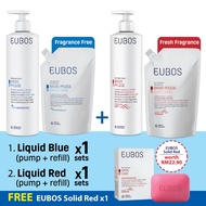 EUBOS Liquid Blue + Liquid Red 400ml (Body Wash - Pump & Refill) FOC Solid Red 125g x1