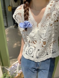 Vest Rompi Rajut Motif Kotak Mata Hari V-neck Retro Prancis