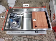 CHẬU DÀY 3LY Chậu Rửa Chén Bát CAO CẤP 100% INOX 304 MỜ N18 7546 và KHAY và bộ xả chậu bồn rửa chén