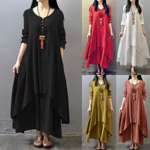 Summer Women Boho Vintage Kaftan Loose Gypsy Maxi Dress Fake Two-piece Literary Irregular Large Swin