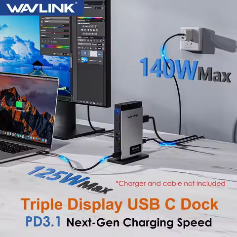 WAVLINK PD3.1 Triple Display USB C Docking Station 140W Power 10G USB Display Dock 8K HDMI 8K Displa