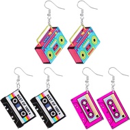 3 Pairs 80s 90s Retro Cassette Tape Neon Earrings for Women, 80s 90s Outfit Acrylic Radio Drop Earri