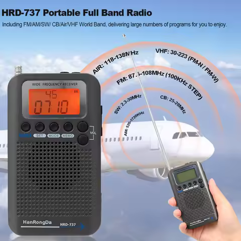 HRD-737 Portable Full Band Radio Aircraft Band Receiver FM/AM/SW/ CB/Air/VHF World Band with LCD Dis