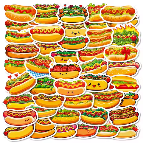 56PCS Cute Hot Dog Cartoon Stickers Smile Bread Sausage Hand drawn Food Decoration Children's Statio