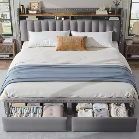 King Size Bed Frame with 2 Metal Storage Drawers, Vertical Tufted Upholstered King Platform Bed with