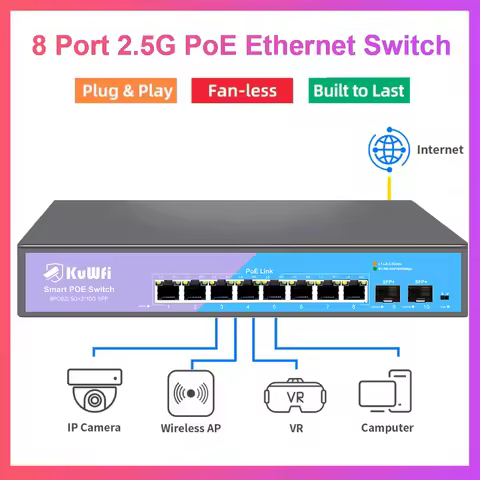 KuWFi 2.5G POE Netowrk Switch 8 Port 2.5G Ethernet 2x 10G SFP Unmanaged Plug & Play High-Speed Conne