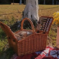 Four People Large-Capacity Outdoor Rattan Picnic Basket ins With Tableware with Lid Japanese Style P