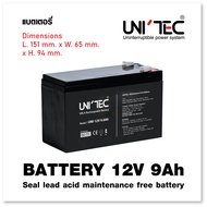 BATTERY 12V9.0Ah UNITEC ของแท้ พร้อมใช้งาน รับประกัน 1 ปี