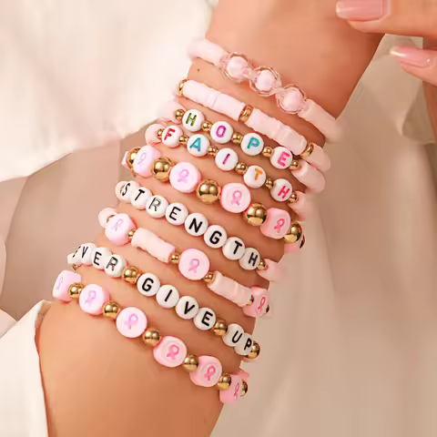 2025 Breast Cancer Awareness Bracelet Set for Women Girl, PINK HOPE BREAST CANCER HEISHI BRACELET St