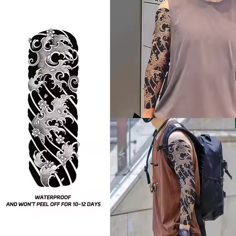 Japanese Wave Full Arm Waterproof Temporary Tattoo Sticker, Long-lasting for 1-2 weeks, Realistic Se