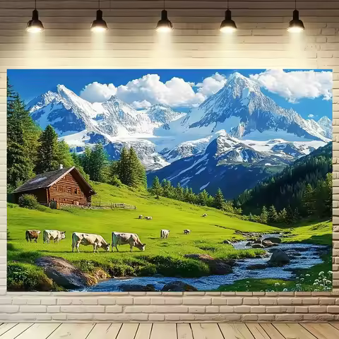 1pc Alps tranquil photography backdrop with mountain hut and green meadow for weddings, events and p