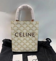 CELINE賽琳 Cabas 經典滿印老花豎款手袋 人造革 風琴包琴譜包托特包Tote包購物袋手提單肩斜挎包 迷你 女款 白色