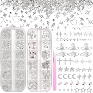 300 Pcs Silver Star Cross Nail Charms Saturn Planet Moon Nail Silver Charms Multi Shapes Rivet Nails