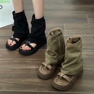SENKNI Open Toe Boots, Street Style Y2K Cool Denim Short Boots, New Design Gladiator Soft Leather Vi