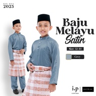 I.P Muslim✦GREY Baju Melayu Satin Budak Pasang Normal Cutting- Size 12-40 /Baju Raya Lelaki
