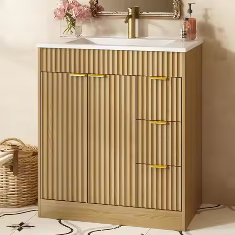 Bathroom Vanity with Sink Modern Oak Fluted Bathroom Vanity with SMC Sink with Storage Cabinet, Adju