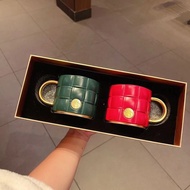 Starbucks red and green plaid bronze coffee mug couple wedding high-end gift water cup星巴克红绿格纹铜牌咖啡马克杯情侣对杯结婚礼高档礼品水杯3.27