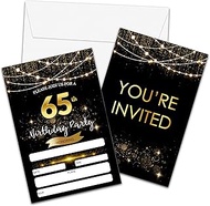 65th Birthday Invitations with Envelopes - Black Gold Glitter Fill-in Invites Cards - Surprise Birth