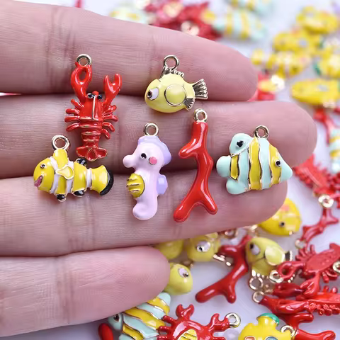 3/9Pcs Mix Styles Kawaii Cartoon Marine Life Crab Fish Seahorse Breloques Jewelry DIY Marine Life An