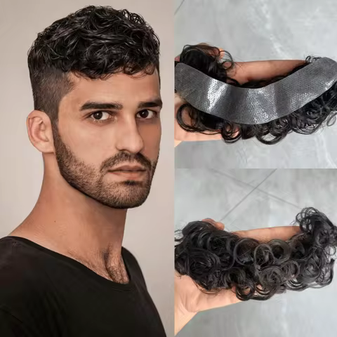 Realistic Front Hairline Curly Hair 100% Natural Human Hair Toupee For Men V Style Front man wig Wit
